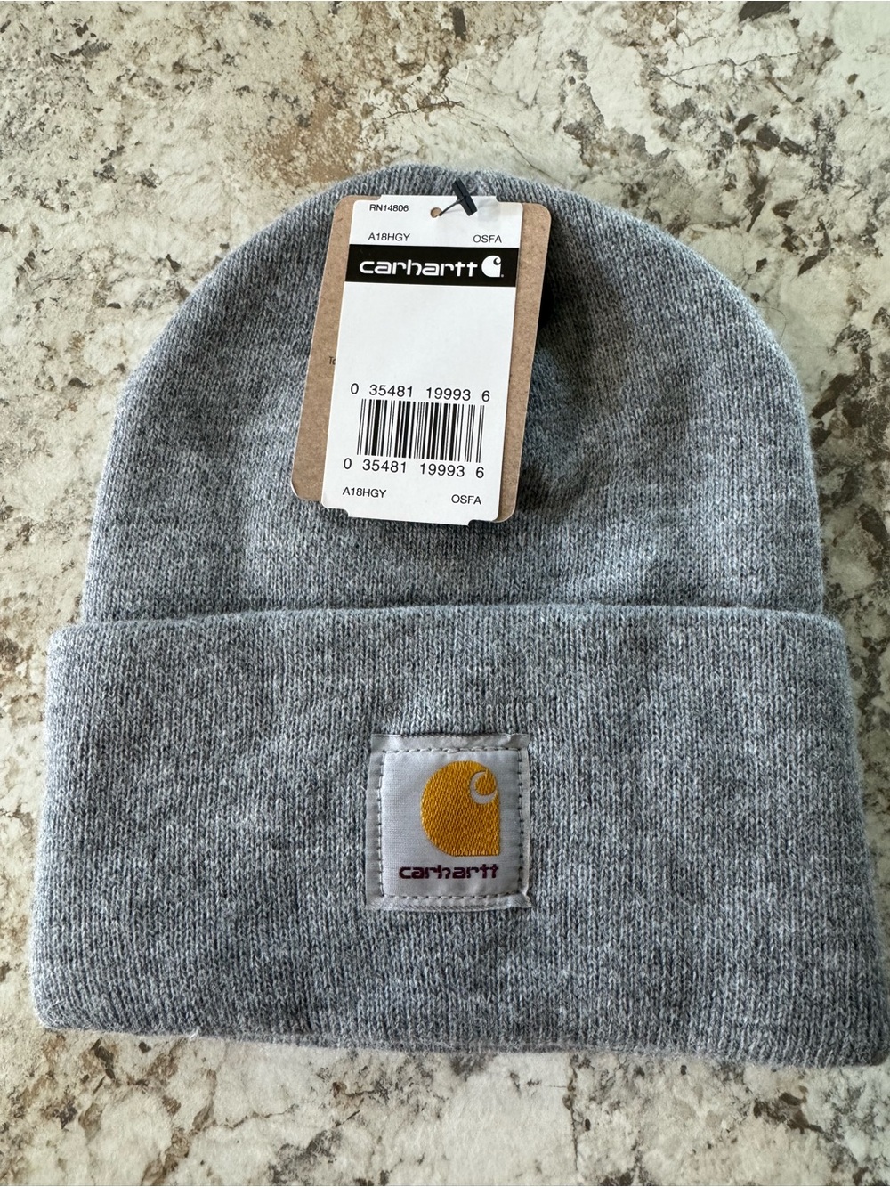 Carhartt Heather Gray Knit Cuffed Beanie with Gold Logo Patch